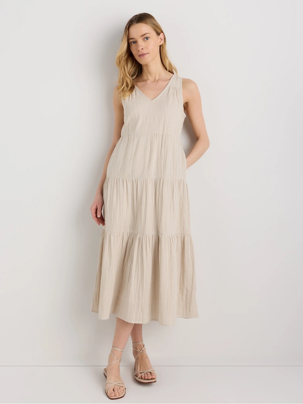Quince 100% Organic Cotton Gauze Tiered Maxi Dress Khaki Gingham Size M